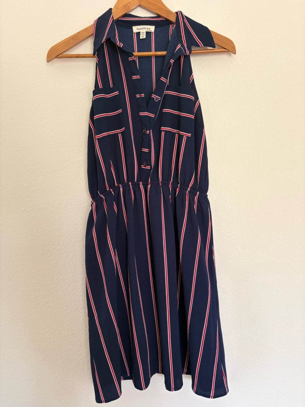 Monteau Navy Midi Shirtdress with Pink and White Stripes